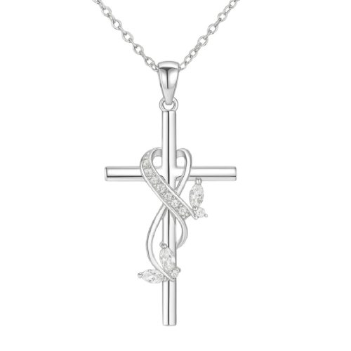 Ezüst színű kereszt nyaklánc fehér kővel