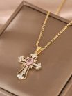Strasszos kereszt nyaklánc rózsaszín kővel
