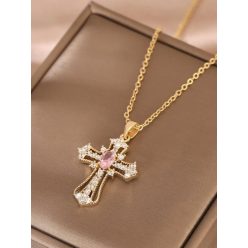 Strasszos kereszt nyaklánc rózsaszín kővel