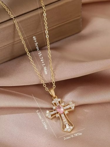 Strasszos kereszt nyaklánc rózsaszín kővel