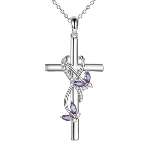 Ezüst színű kereszt nyaklánc lila kővel