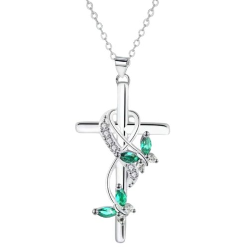 Ezüst színű kereszt nyaklánc zöld kővel
