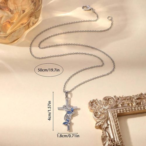 Ezüst színű kereszt nyaklánc zöld kővel